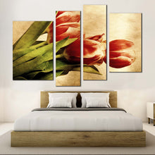 Load image into Gallery viewer, charming tulips quartet canvas print red vintage tulip flowers with green leaves in 4 piece canvas wall art for your Bedroom
