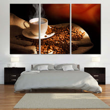 Load image into Gallery viewer, cinnamon coffee canvas print white cup of hot coffee canvas set brown coffee beans 3 piece wall art for Bedroom
