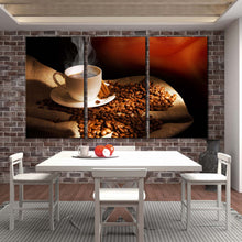 Load image into Gallery viewer, cinnamon coffee canvas print white cup of hot coffee canvas set brown coffee beans 3 piece wall art In Dining Room
