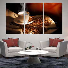 Load image into Gallery viewer, cinnamon coffee canvas print white cup of hot coffee canvas set brown coffee beans 3 piece wall art for Living Room
