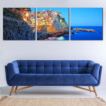 Load image into Gallery viewer, cinque  terre  canvas  wall  art  blue  manarola  sea  3  piece  canvas  print In Living Room
