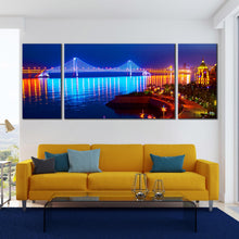 Load image into Gallery viewer, city  beach  canvas  print  blue  bay  cross  sea  bridge  scene  night  lights  water  reflection  3  piece  wall  art  for Living Room
