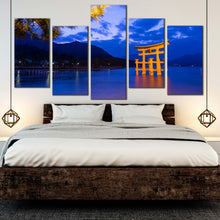 Load image into Gallery viewer, city beach canvas print itsukushima shrine yellow print evening shinto ocean mountain 5 piece wall art for Bedroom
