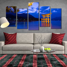 Load image into Gallery viewer, city beach canvas print itsukushima shrine yellow print evening shinto ocean mountain 5 piece wall art for Living Room
