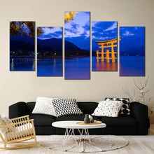 Load image into Gallery viewer, city beach canvas print itsukushima shrine yellow print evening shinto ocean mountain 5 piece wall art for Living Room
