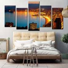 Load image into Gallery viewer, city beach canvas wall art amazing blue benidorm beautiful yellow coastline tranquil 5 piece canvas print for Bedroom
