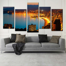 Load image into Gallery viewer, city beach canvas wall art amazing blue benidorm beautiful yellow coastline tranquil 5 piece canvas print In Living Room
