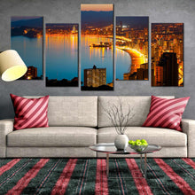 Load image into Gallery viewer, city beach canvas wall art amazing blue benidorm beautiful yellow coastline tranquil 5 piece canvas print for Your Living Room
