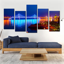 Load image into Gallery viewer, city  beach  canvas  wall  art  blue  bay  cross  sea  bridge  scene  night  lights  water  reflection  5  piece  canvas  print In Living Room
