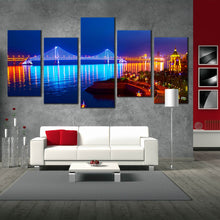 Load image into Gallery viewer, city  beach  canvas  wall  art  blue  bay  cross  sea  bridge  scene  night  lights  water  reflection  5  piece  canvas  print  for Living Room
