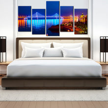 Load image into Gallery viewer, city  beach  canvas  wall  art  blue  bay  cross  sea  bridge  scene  night  lights  water  reflection  5  piece  canvas  print  for  your  bedroom
