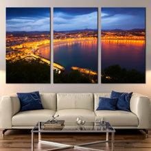 Load image into Gallery viewer, city beach canvas wall art blue sky spain print la concha bay serene 3 piece canvas print for Your Living Room
