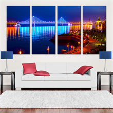 Load image into Gallery viewer, city  beach  wall  art  blue  bay  cross  sea  bridge  night  lights  water  reflection  4  piece  multi  canvas  print  for Living Room
