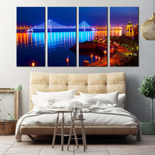 Load image into Gallery viewer, city  beach  wall  art  blue  bay  cross  sea  bridge  night  lights  water  reflection  4  piece  multi  canvas  print  for  your  bedroom
