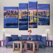 Load image into Gallery viewer, city bridge canvas print amazing blue japan evening tokyo bay yellow rainbow bridge 4 piece wall art for Living Room
