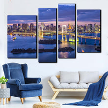 Load image into Gallery viewer, city bridge canvas print amazing blue japan evening tokyo bay yellow rainbow bridge 4 piece wall art In Living Room
