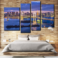 Load image into Gallery viewer, city bridge canvas print amazing blue japan evening tokyo bay yellow rainbow bridge 4 piece wall art for your Bedroom
