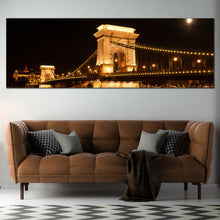 Load image into Gallery viewer, city  bridge  canvas  print  gold  szechenyi  chain  bridge  panoramic  black  budapest  hungary  danube  river  wall  art In Living Room
