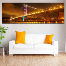 Load image into Gallery viewer, city  bridge  canvas  print  yellow  tsing  ma  bridge  lights  print  purple  green  hong  kong  bridge  1  piece  wall  art In Living Room
