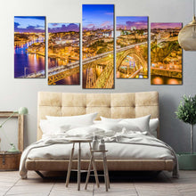 Load image into Gallery viewer, city bridge wall art blue portugal douro river yellow dom luis 5 piece canvas print for Bedroom
