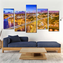 Load image into Gallery viewer, city bridge wall art blue portugal douro river yellow dom luis 5 piece canvas print In Living Room
