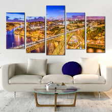 Load image into Gallery viewer, city bridge wall art blue portugal douro river yellow dom luis 5 piece canvas print for your Living Room
