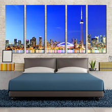 Load image into Gallery viewer, city skyline wall art yellow lights colorful reflection 5 piece canvas toronto blue lake ontario canvas print for Bedroom
