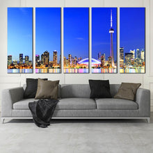 Load image into Gallery viewer, city skyline wall art yellow lights colorful reflection 5 piece canvas toronto blue lake ontario canvas print In Living Room
