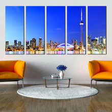 Load image into Gallery viewer, city skyline wall art yellow lights colorful reflection 5 piece canvas toronto blue lake ontario canvas print for Living room
