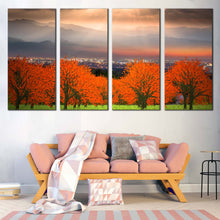 Load image into Gallery viewer, cityscape canvas print dramatic grey sky and orange trees 4 piece canvas wall art for Living room
