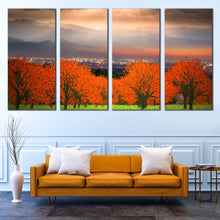 Load image into Gallery viewer, cityscape canvas print dramatic grey sky and orange trees 4 piece canvas wall art In Living Room
