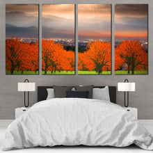 Load image into Gallery viewer, cityscape canvas print dramatic grey sky and orange trees 4 piece canvas wall art for your Bedroom
