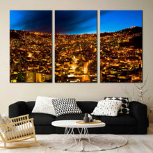 Load image into Gallery viewer, cityscape majesty wall art beautiful cityscape skyline canvas set gold city lights bolivia 3 piece canvas print for Living Room
