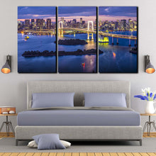 Load image into Gallery viewer, cityscape skyline wall art tokyo bay city bridge beautiful yellow rainbow bridge 3 piece canvas print for Bedroom
