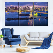 Load image into Gallery viewer, cityscape skyline wall art tokyo bay city bridge beautiful yellow rainbow bridge 3 piece canvas print for Living Room
