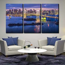 Load image into Gallery viewer, cityscape skyline wall art tokyo bay city bridge beautiful yellow rainbow bridge 3 piece canvas print In Living Room
