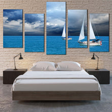 Load image into Gallery viewer, cloudscape voyage canvas print blue ocean boats ship multi canvas white sailing boats 5 piece wall art for Bedroom
