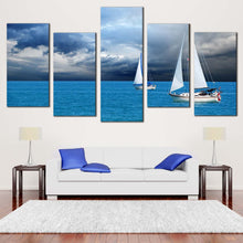 Load image into Gallery viewer, cloudscape voyage canvas print blue ocean boats ship multi canvas white sailing boats 5 piece wall art
