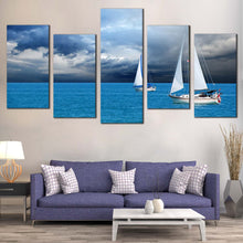 Load image into Gallery viewer, cloudscape voyage canvas print blue ocean boats ship multi canvas white sailing boats 5 piece wall art for your Living Room
