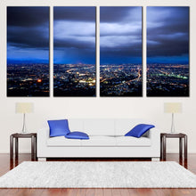 Load image into Gallery viewer, cloudy cityscape wall art dramatic blue sky multi canvas artwork yellow city lights canvas print In Living Room
