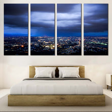 Load image into Gallery viewer, cloudy cityscape wall art dramatic blue sky multi canvas artwork yellow city lights canvas print for Your Bedroom
