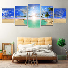 Load image into Gallery viewer, cloudy desert glow canvas print dramatic blue sky and green oasis 5 piece canvas wall art In Bedroom
