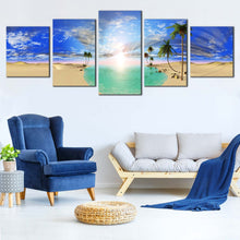 Load image into Gallery viewer, cloudy desert glow canvas print dramatic blue sky and green oasis 5 piece canvas wall art In Living Room
