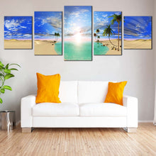 Load image into Gallery viewer, cloudy desert glow canvas print dramatic blue sky and green oasis 5 piece canvas wall art for your Living room
