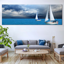 Load image into Gallery viewer, cloudy  sky  sailing  wall  art  dramatic  blue  ocean  canvas  print  white  sailing  boats  1  piece  canvas  artwork In Living Room
