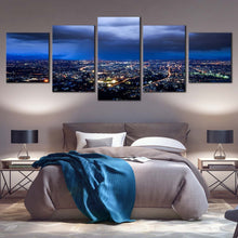 Load image into Gallery viewer, cloudy skyline canvas print yellow cityscape lights multiple canvas dramatic blue sky 5 piece wall art for Bedroom
