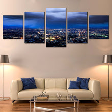 Load image into Gallery viewer, cloudy skyline canvas print yellow cityscape lights multiple canvas dramatic blue sky 5 piece wall art for Living Room
