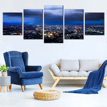 Load image into Gallery viewer, cloudy skyline canvas print yellow cityscape lights multiple canvas dramatic blue sky 5 piece wall art In Living Room
