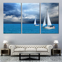 Load image into Gallery viewer, coastal breeze wall art white sailing boats seascape 3 piece set dramatic cloudy blue ocean canvas print for Your Living Room
