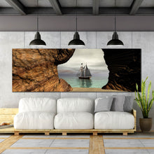 Load image into Gallery viewer, coastal  hideaway  wall  art  sea  cave  under  grey  sky  canvas  artwork  sailing  pirate  boat  ship  1  piece  canvas  print  for Living Room
